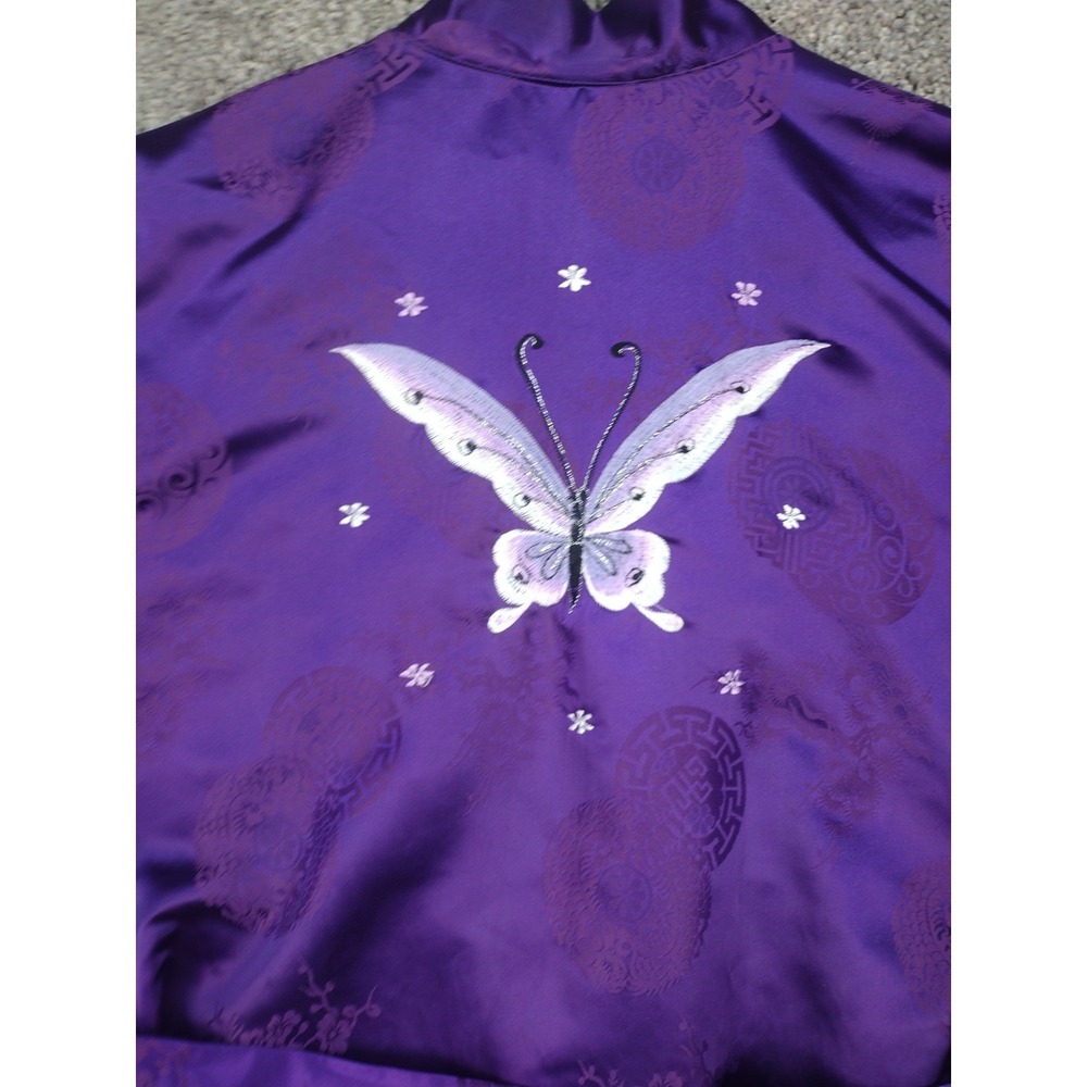 Vintage Japanese Belted Kimono Silky Dark Purple W Huge Butterfly Robe MCM 70's - Picture 14 of 16